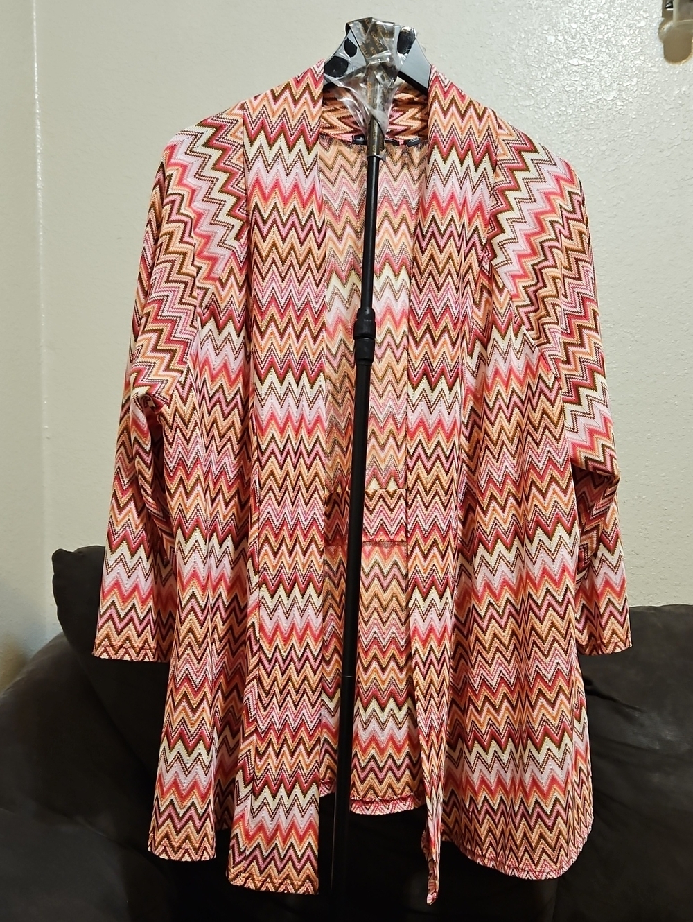 Notations Chevron Open-Front Cardigan in Pink, Orange & Cream